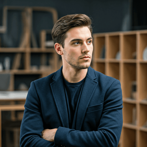 young professional man in his late 20s wearing a smart navy blazer looking thoughtful architectural studio environment