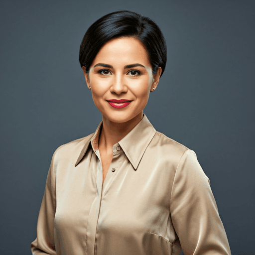 professional woman in her 30s with short dark hair wearing a neutral silk blouse looking at the camera with a confident smile