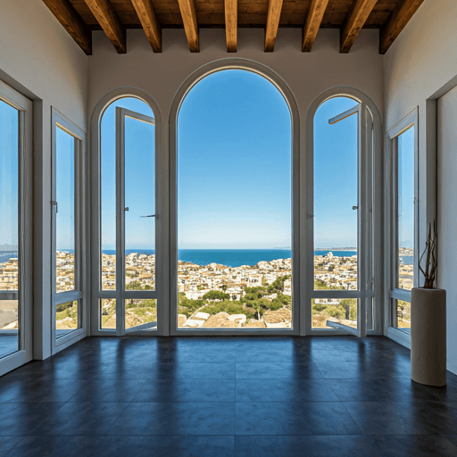 modern mediterranean loft with high ceilings and arched windows looking over a coastal landscape