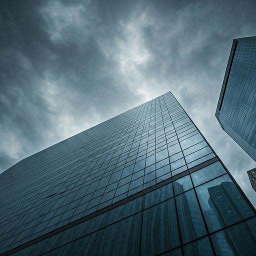 dramatic low angle view of a sleek glass skyscraper reflecting a stormy grey sky in a financial district