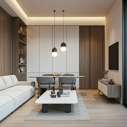 Interior of a modern high-end apartment with minimalist furniture and neutral tones bathed in soft natural light