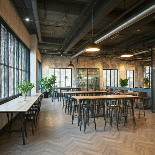 Spacious modern coworking space with industrial design elements and communal tables in a bright airy setting